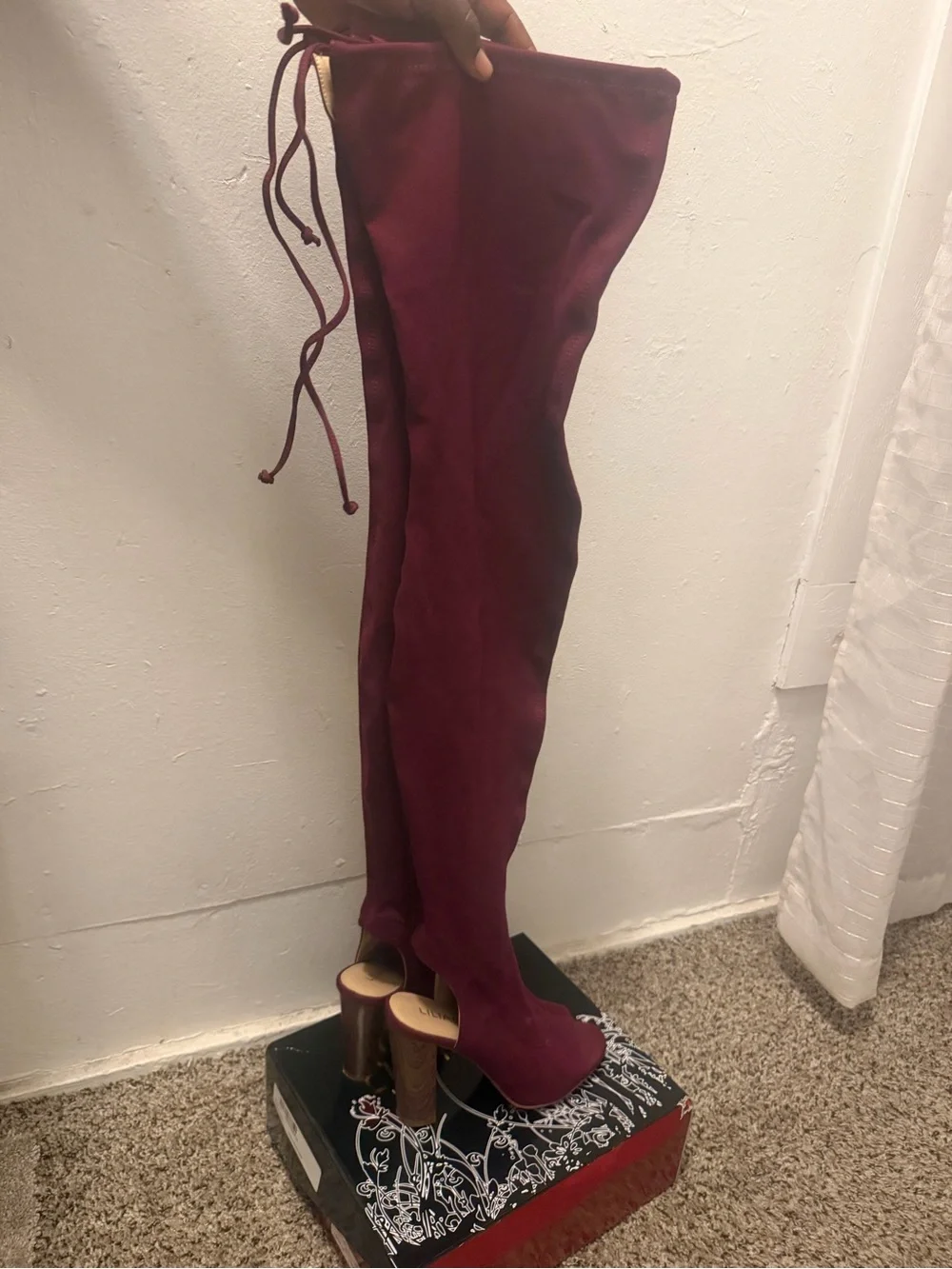 Over-the-Knee Peep-Toe Heeled Boots in Burgundy